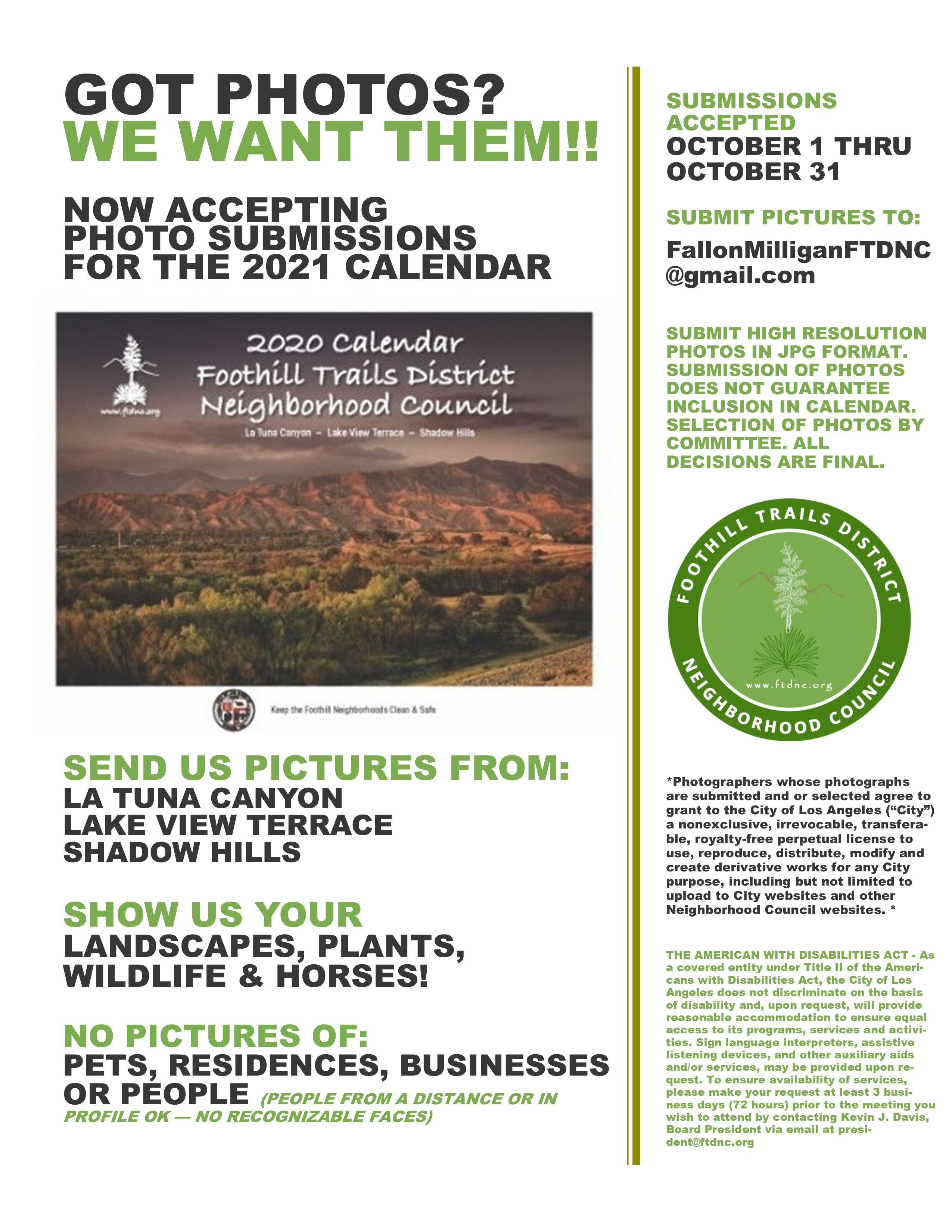 Photo Submissions Now Accepted For 2021 Calendar foothill calendar 2021